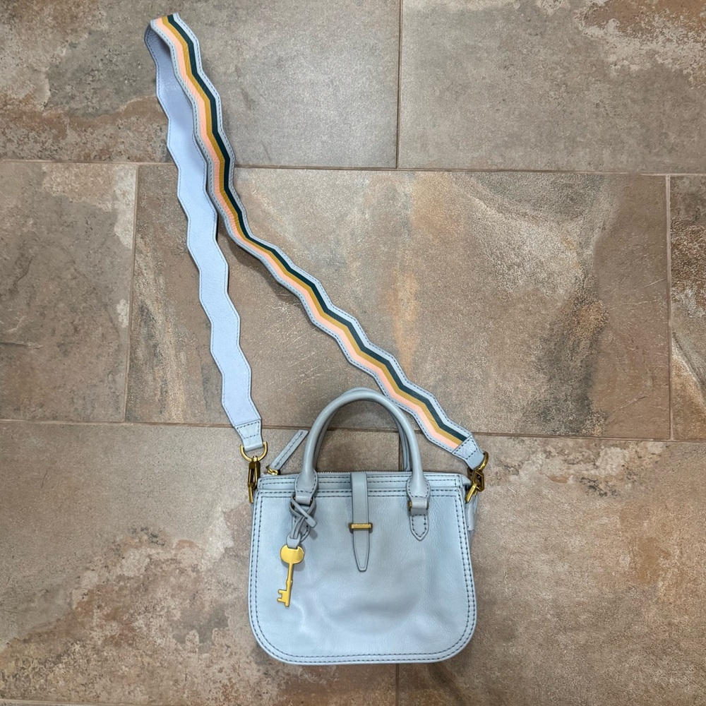 Fossil Mini Satchel Crossbody – Pale Blue Leather with Key Charm